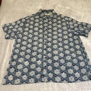 Caribbean Hawaiian Shirt Men's 2X Blue Floral Silk Blend Button Up Beach Vacay